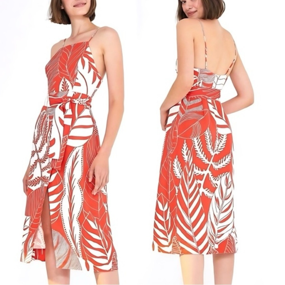 New Xs Farm Rio red and cream leaves midi dress with slit and sash